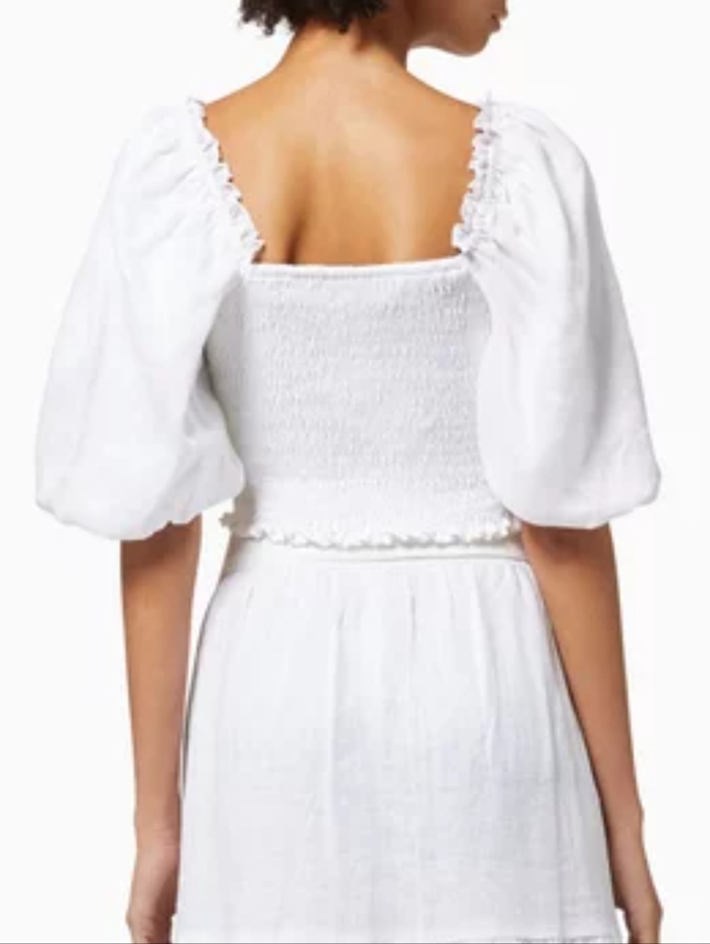 Faithfull the Brand Barnette White Linen Puff-Sleeve Square-Neck Crop Smock Top - Picture 2 of 12